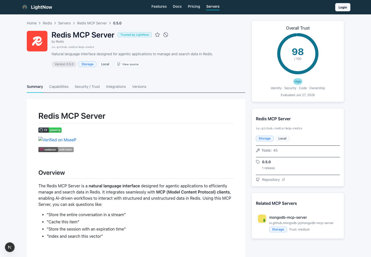 LightNow Redis MCP Server detail page with metadata, version tabs and README content.